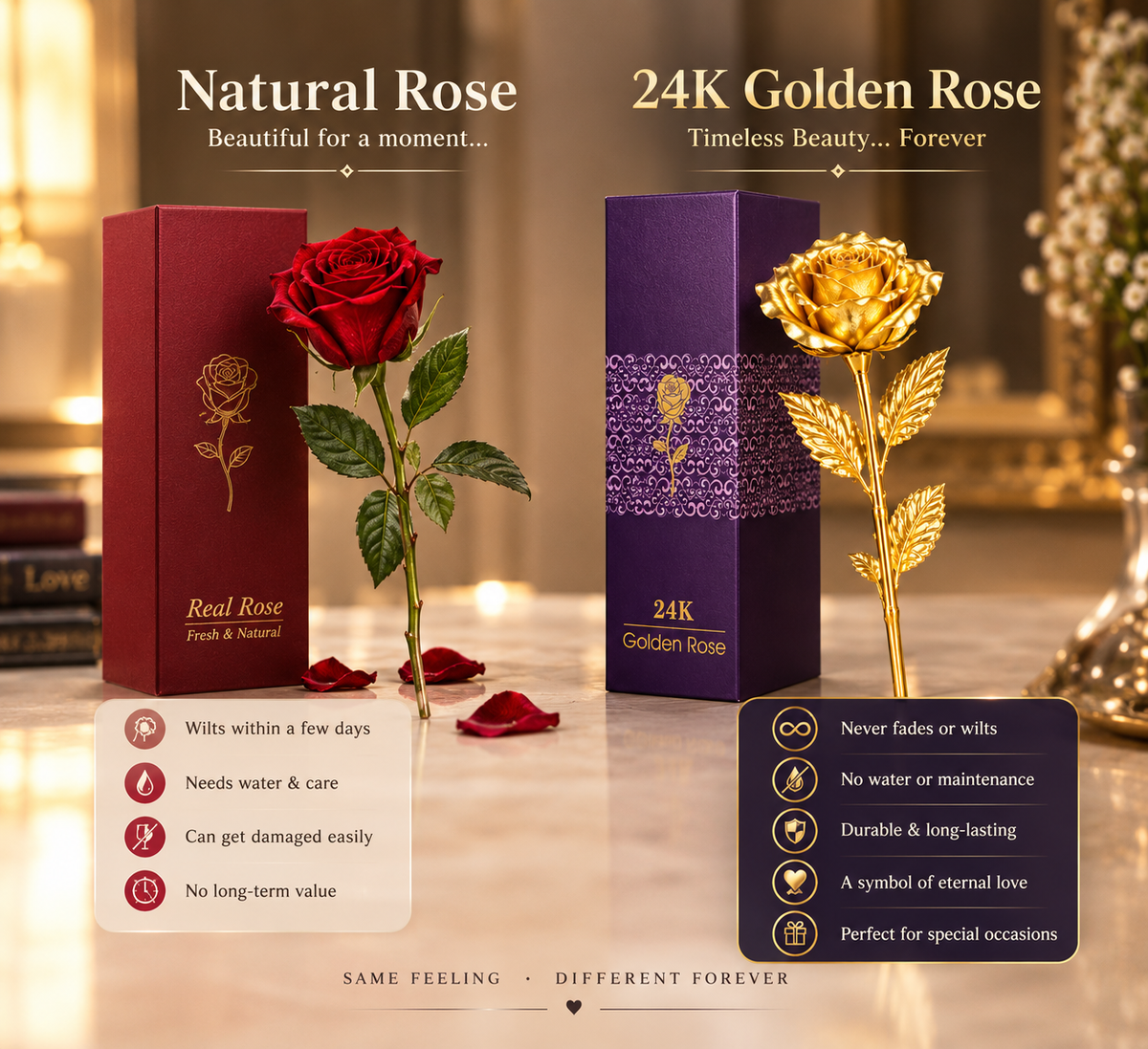 Artificial 24K Gold Plated Rose Flower with Love Stand in Gift Box