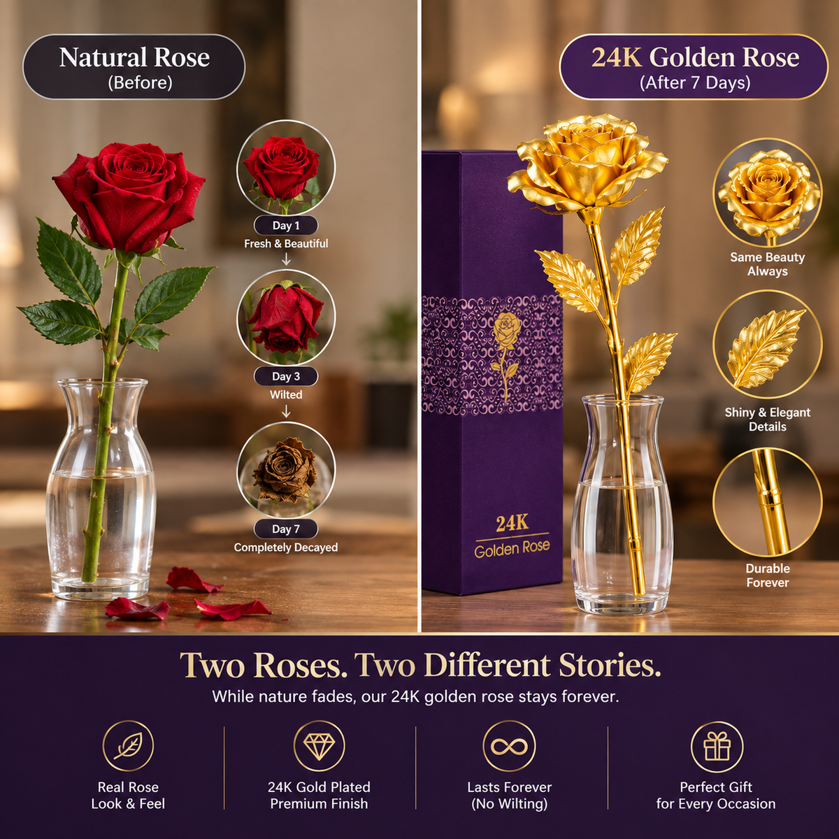 Artificial 24K Gold Plated Rose Flower with Love Stand in Gift Box