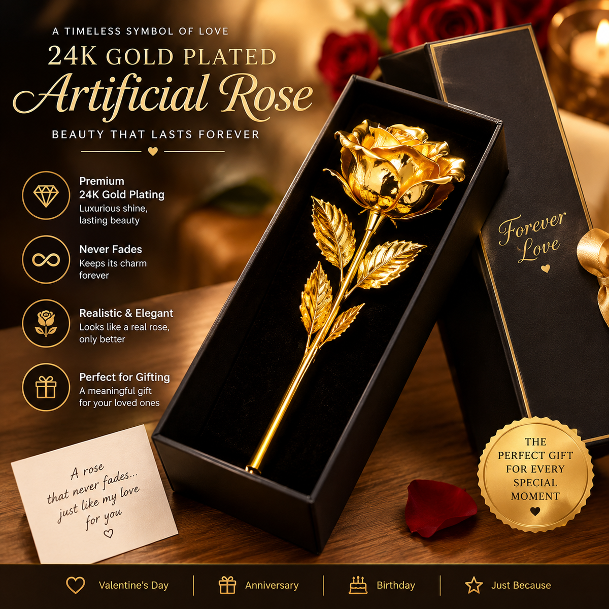 Artificial 24K Gold Plated Rose Flower with Love Stand in Gift Box